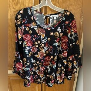 Roommates Black and Pink Floral Ruffled Blouse
